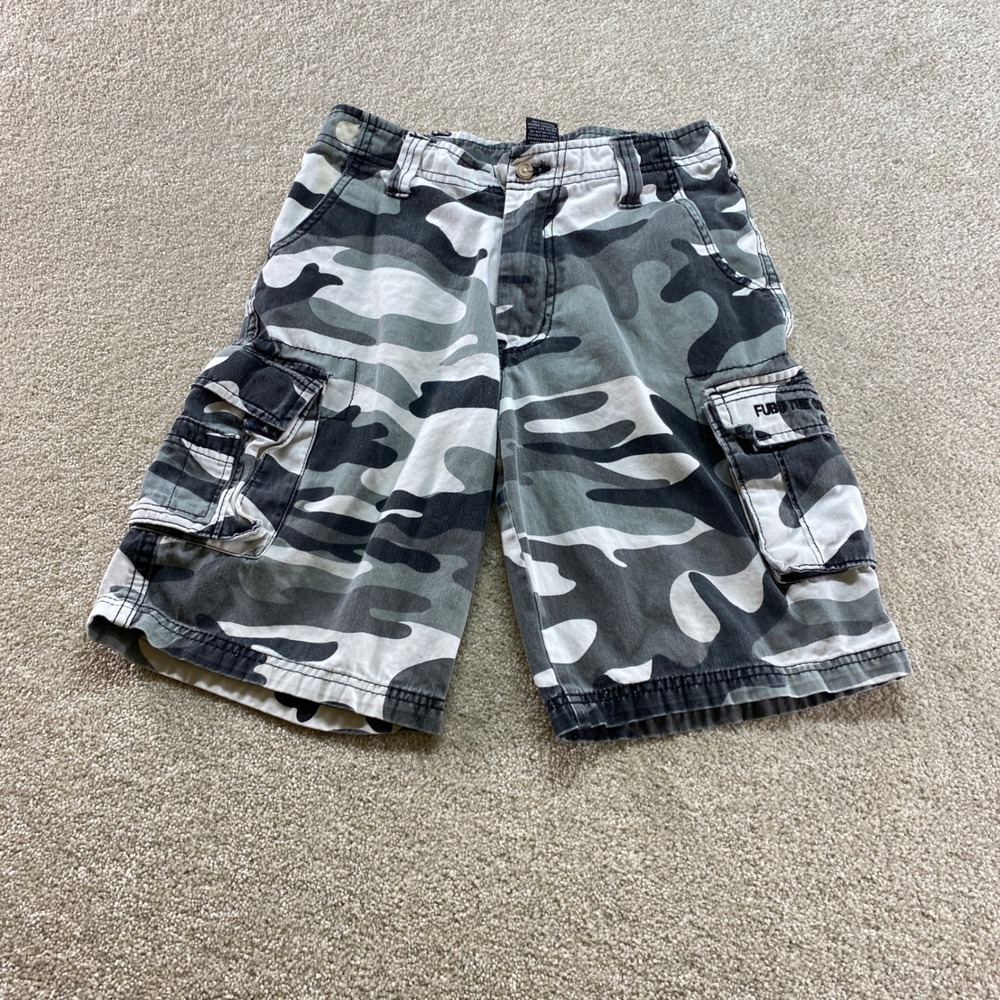 FUBU Cargo Shorts Youth Boys 12 Grey‎ White Camo Cotton Multi Pocket Relaxed